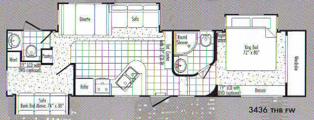 THOR JAZZ Floorplan Model 3436THB Triple Slide Fifth Wheel. CA RV Sales